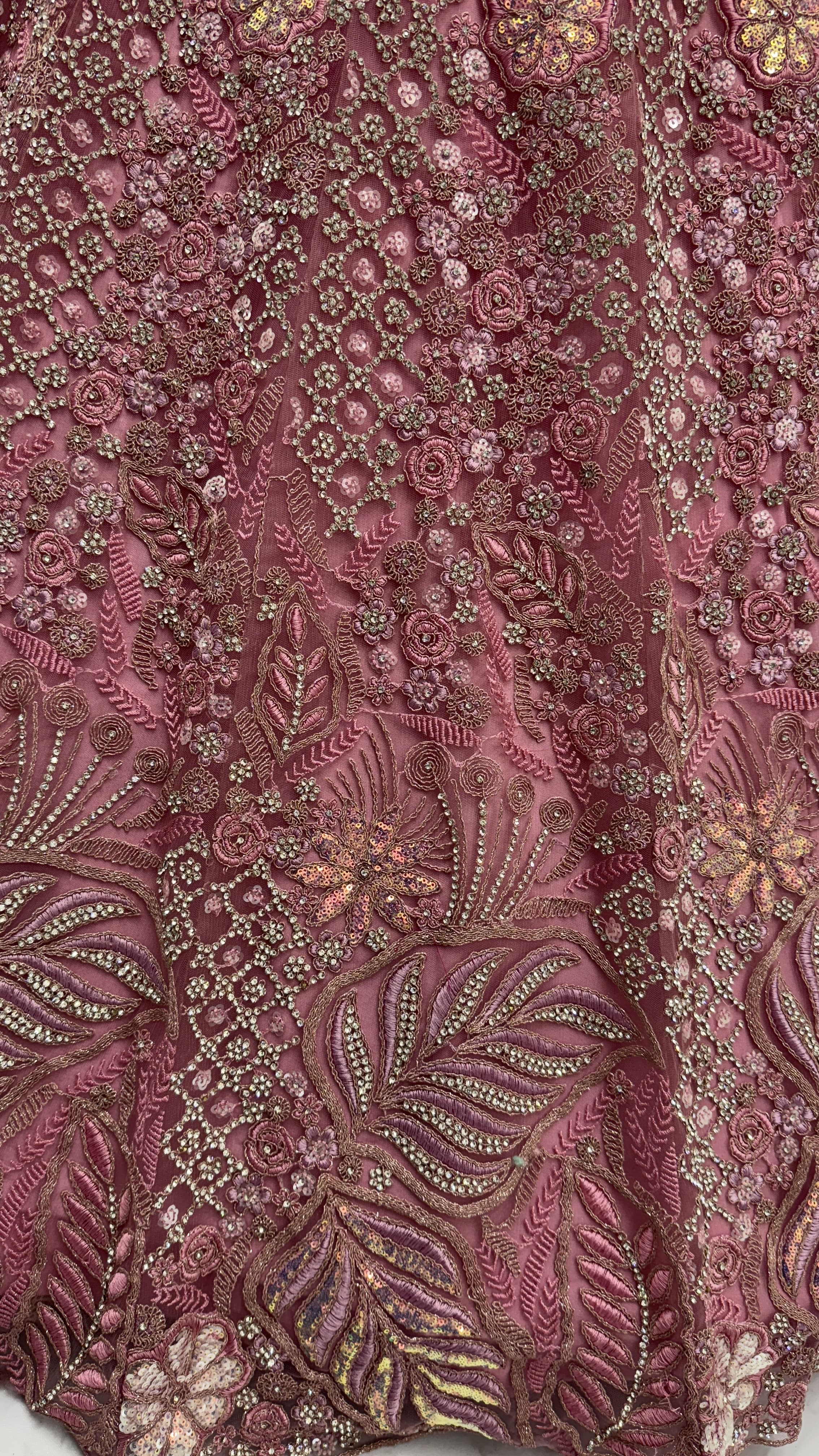 Pink Net A - Line Lehenga Choli with Diamond, Dori, Embroidered, Fancy, Multi, Sequins, Thread and Zircon Work